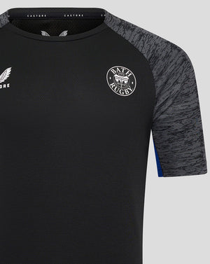 Close-up of Bath Rugby training tee showing the Castore logo on the chest and the Bath Rugby crest.