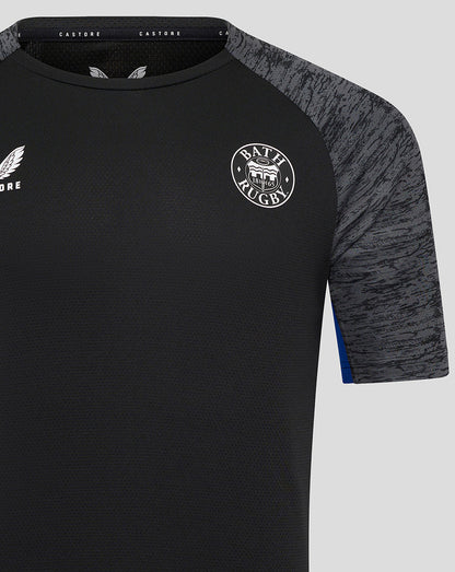 Close-up of Bath Rugby training tee showing the Castore logo on the chest and the Bath Rugby crest.