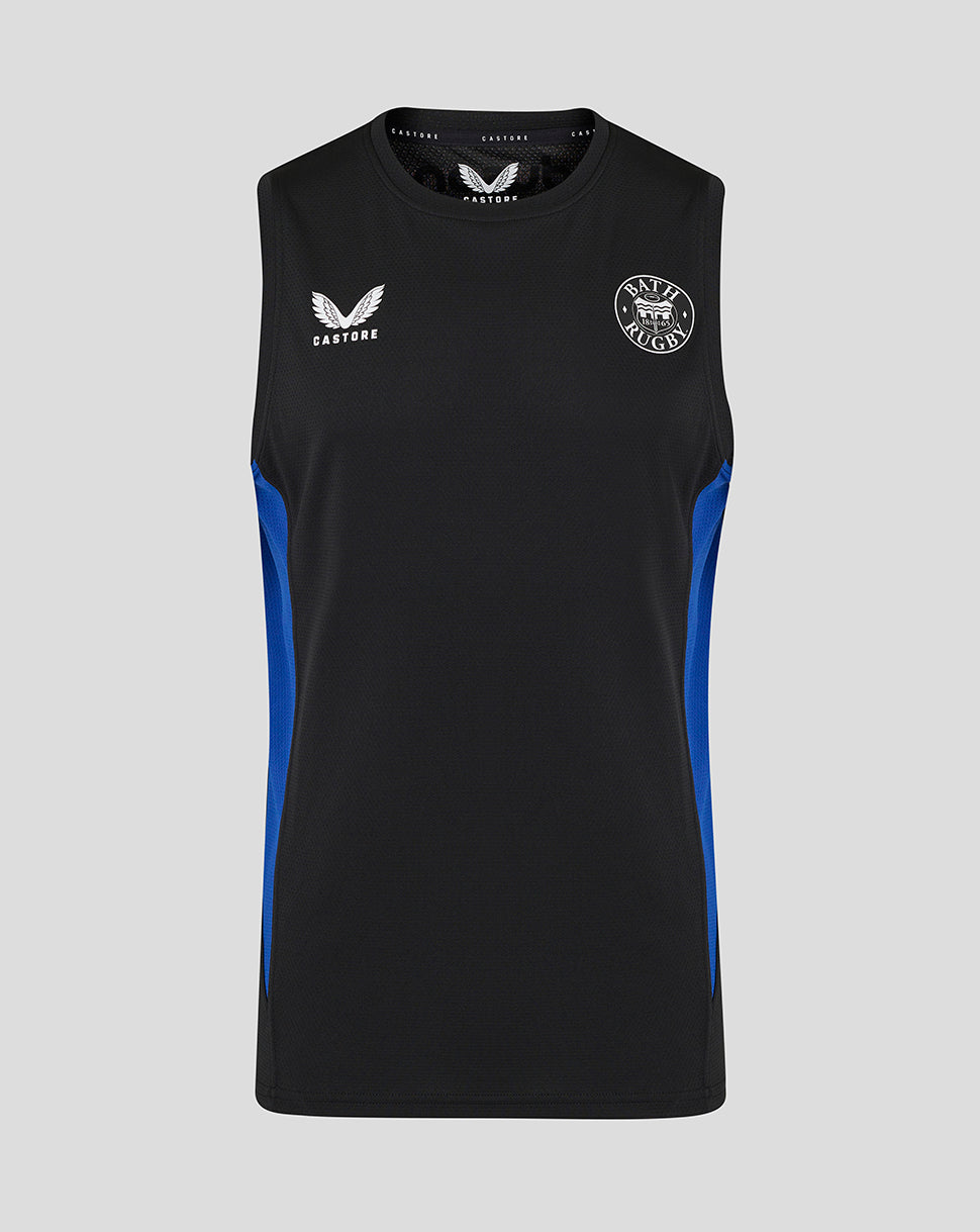 Front view of Bath Rugby training sleeveless tee in black with blue side panels and chest logos