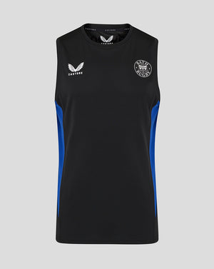 Front view of Bath Rugby training sleeveless tee in black with blue side panels and chest logos