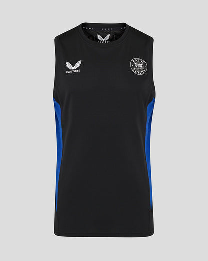 Front view of Bath Rugby training sleeveless tee in black with blue side panels and chest logos