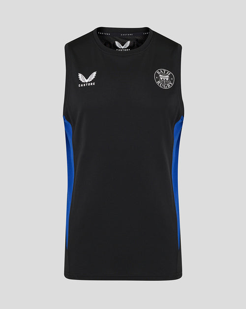 Front view of Bath Rugby training sleeveless tee in black with blue side panels and chest logos