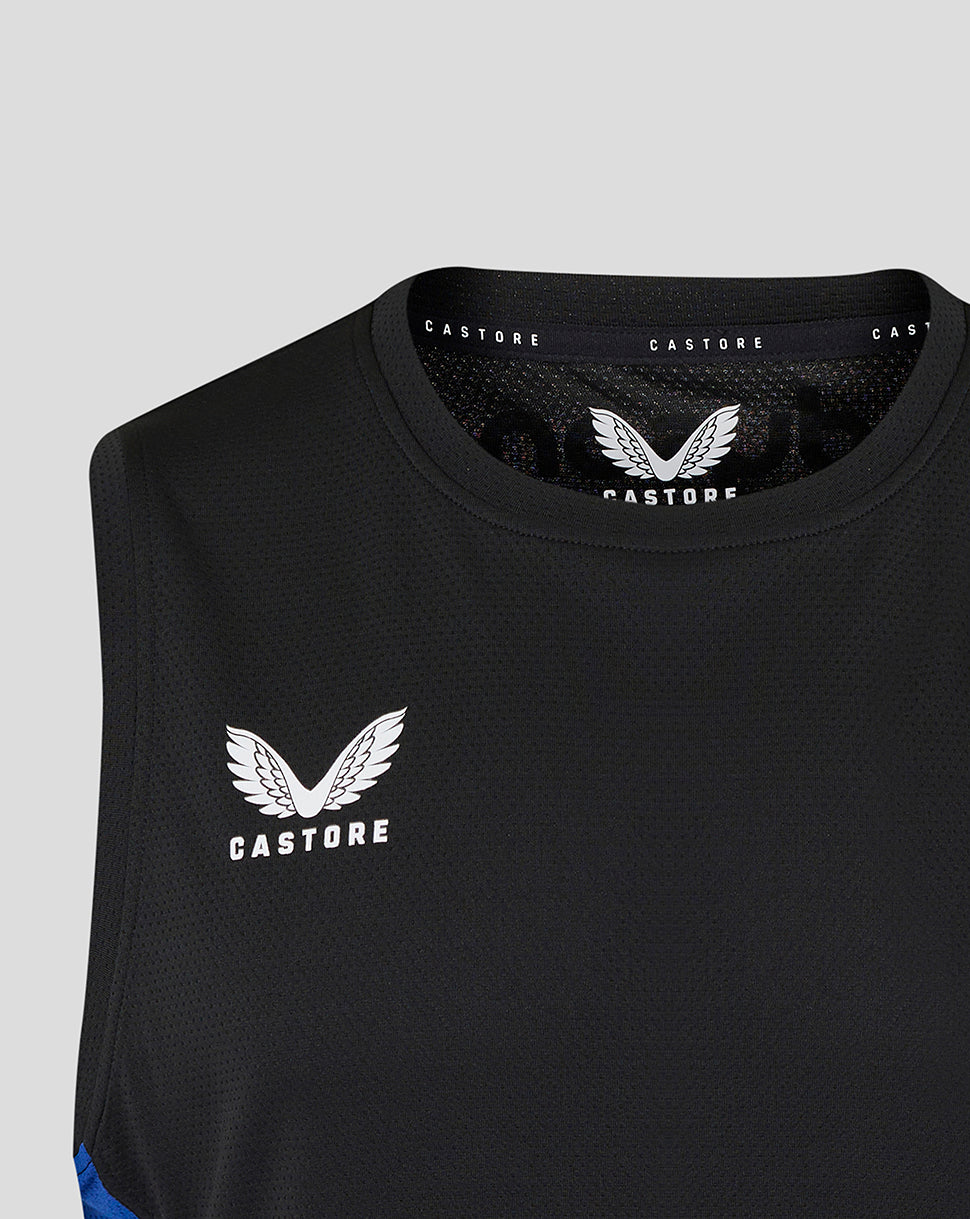 Chest view of black Bath Rugby sleeveless tee with white Castore logo on the left chest and textured fabric.