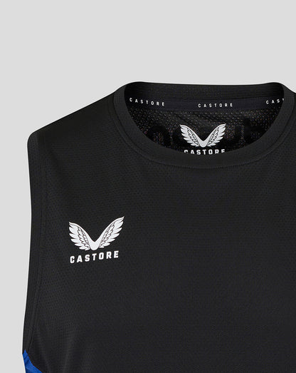 Chest view of black Bath Rugby sleeveless tee with white Castore logo on the left chest and textured fabric.