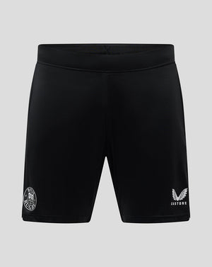 Front view of black Bath Rugby men's training knit shorts with team emblem and Castore logo