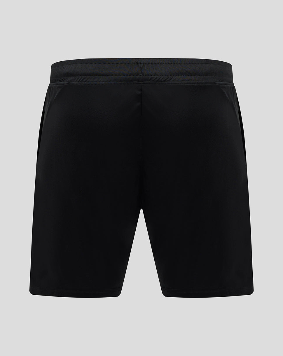 Back view of black Bath Rugby training knit shorts with smooth rear panel and an elastic waistband.