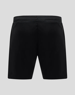 Back view of black Bath Rugby training knit shorts with smooth rear panel and an elastic waistband.