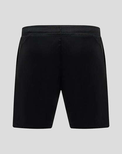 Back view of black Bath Rugby training knit shorts with smooth rear panel and an elastic waistband.