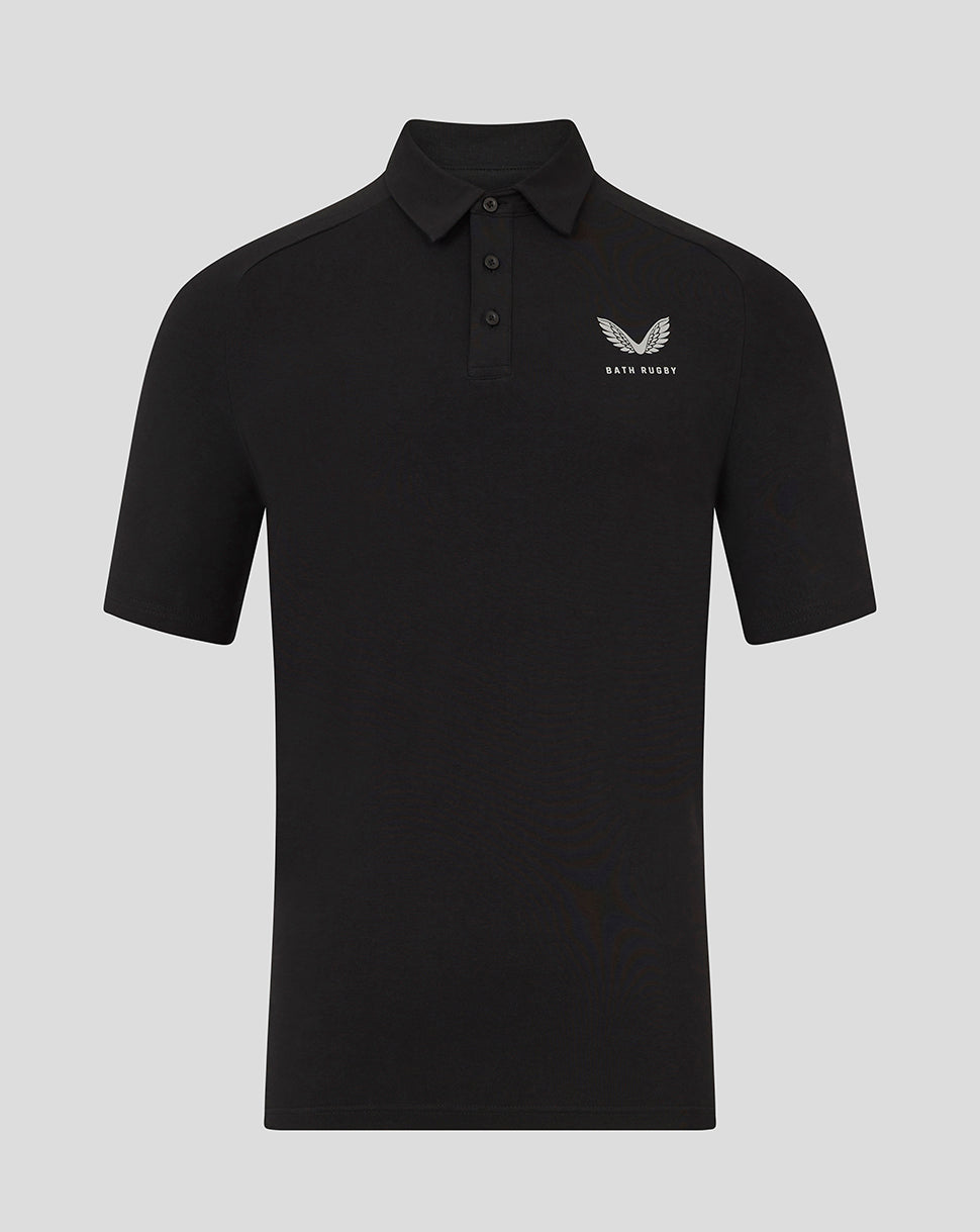Front view of black Bath Men's 25/26 Travel Short Sleeve Polo with collar and left chest Bath Rugby logo