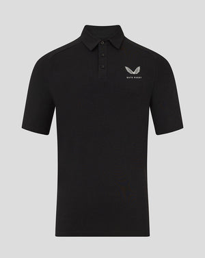 Front view of black Bath Men's 25/26 Travel Short Sleeve Polo with collar and left chest Bath Rugby logo