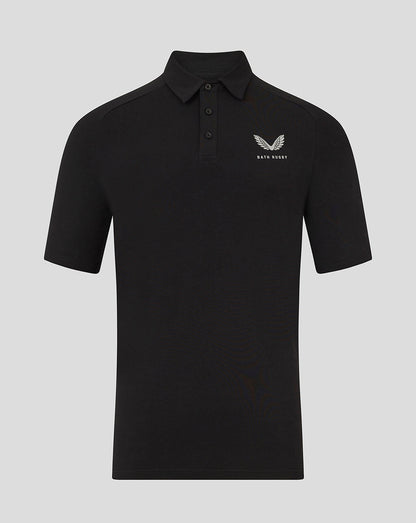 Front view of black Bath Men's 25/26 Travel Short Sleeve Polo with collar and left chest Bath Rugby logo