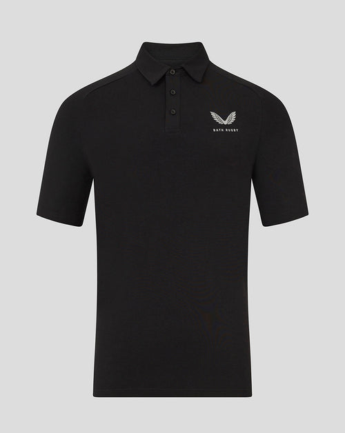 Front view of black Bath Men's 25/26 Travel Short Sleeve Polo with collar and left chest Bath Rugby logo