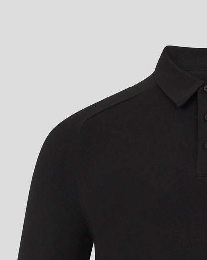 Close-up of the collar and shoulder of the black Bath Rugby polo with button placket