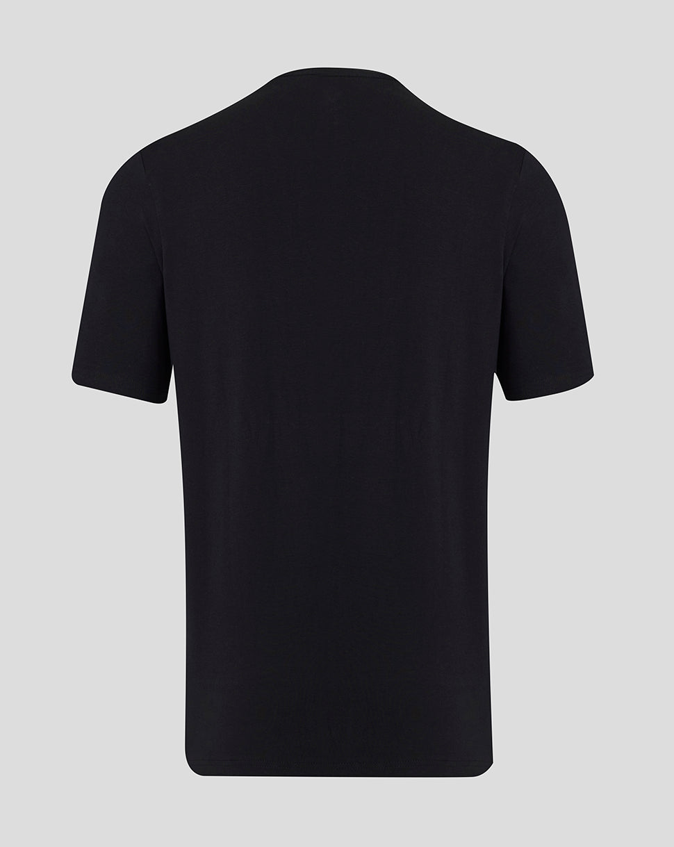 Back view of the black Bath Rugby short sleeve tee laid flat.