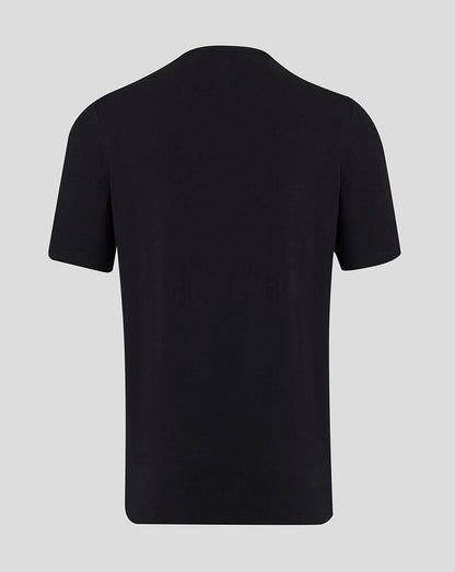 Back view of the black Bath Rugby short sleeve tee laid flat.