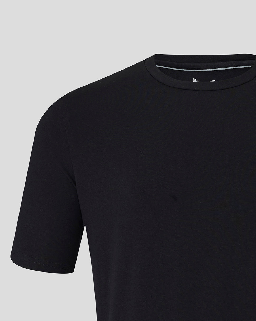 Close-up of the black Bath Rugby short sleeve tee showing shoulder and sleeve.