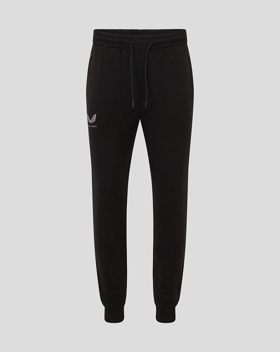 Full-length view of black Bath Men's Travel Knit Pants with drawstring waistband and side pockets
