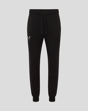 Full-length view of black Bath Men's Travel Knit Pants with drawstring waistband and side pockets