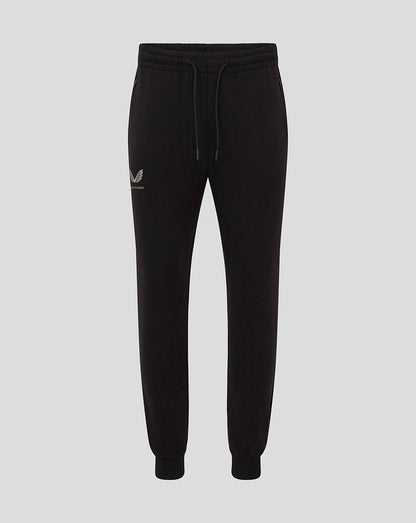 Full-length view of black Bath Men's Travel Knit Pants with drawstring waistband and side pockets