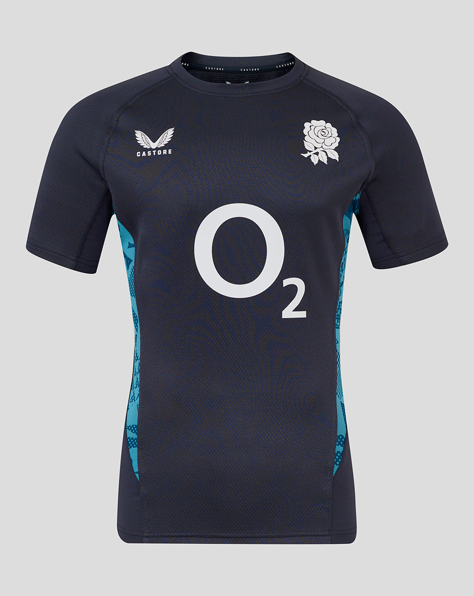 Front view of England Rugby men's contact short sleeve jersey in dark navy with a white rose crest on the chest and large O2 sponsor logo