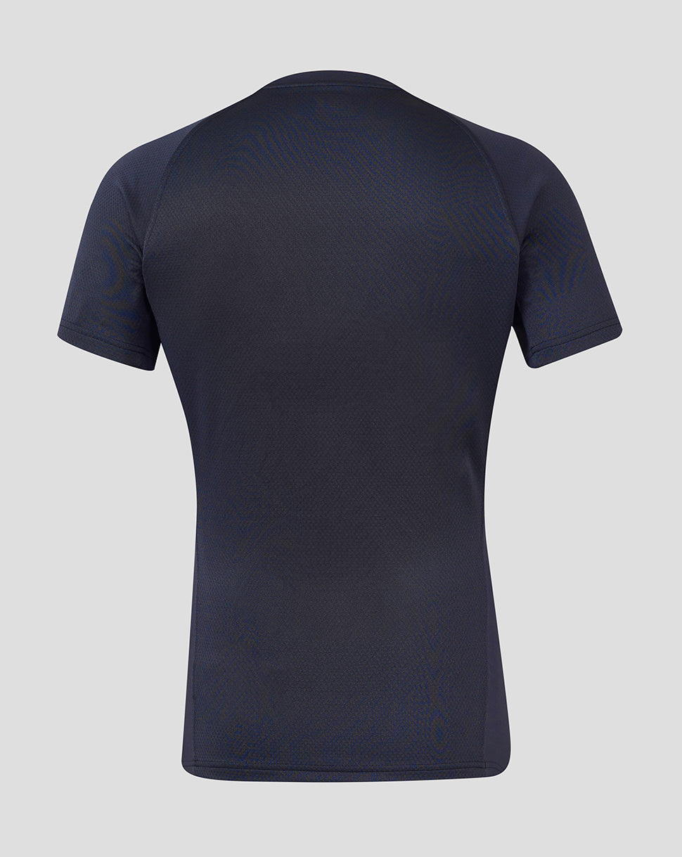 Back view of England Rugby men's contact short sleeve jersey in dark navy with a smooth, textured fabric