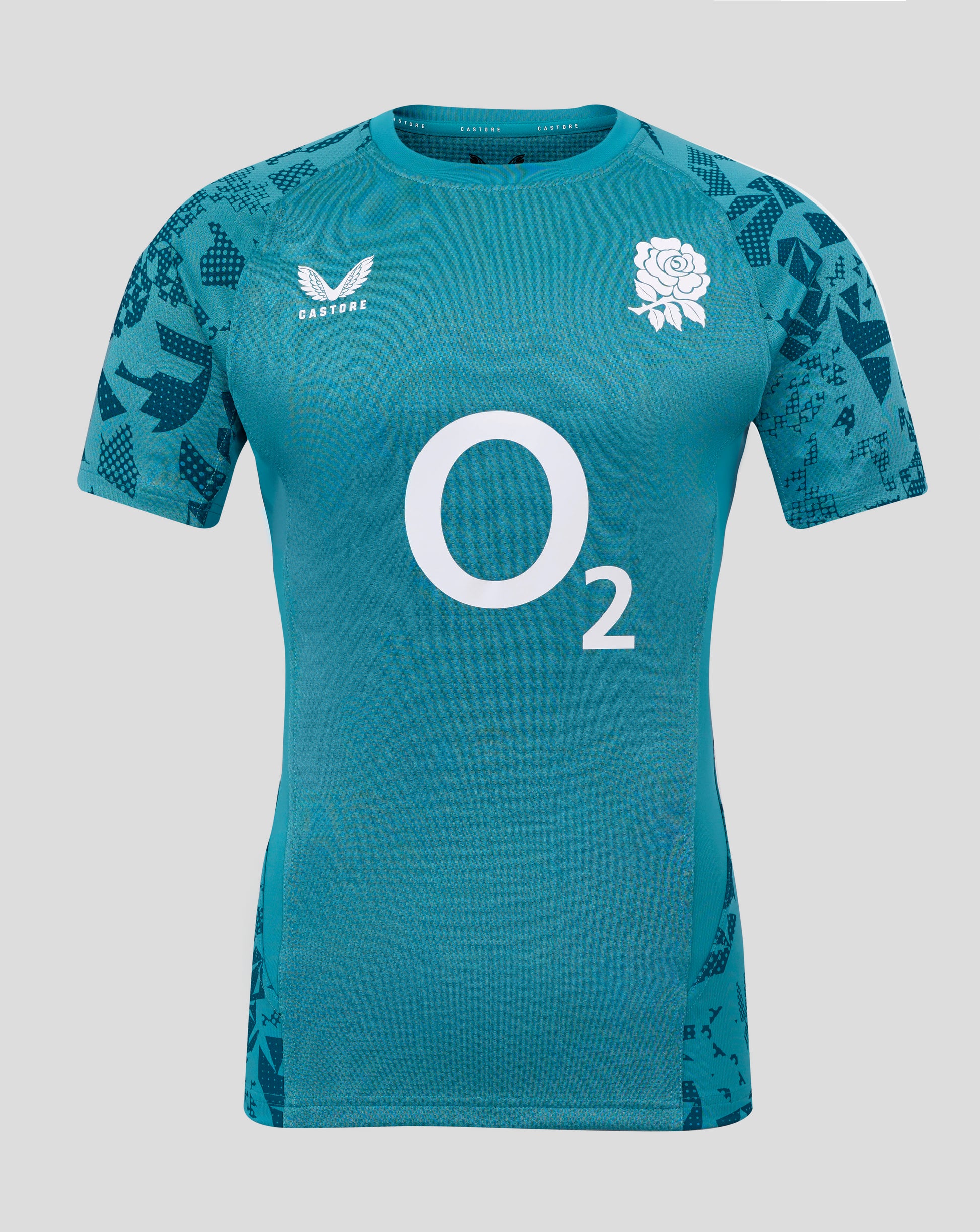 Front view of teal England Rugby short sleeve jersey with large white O2 sponsor, rose crest and Castore logo