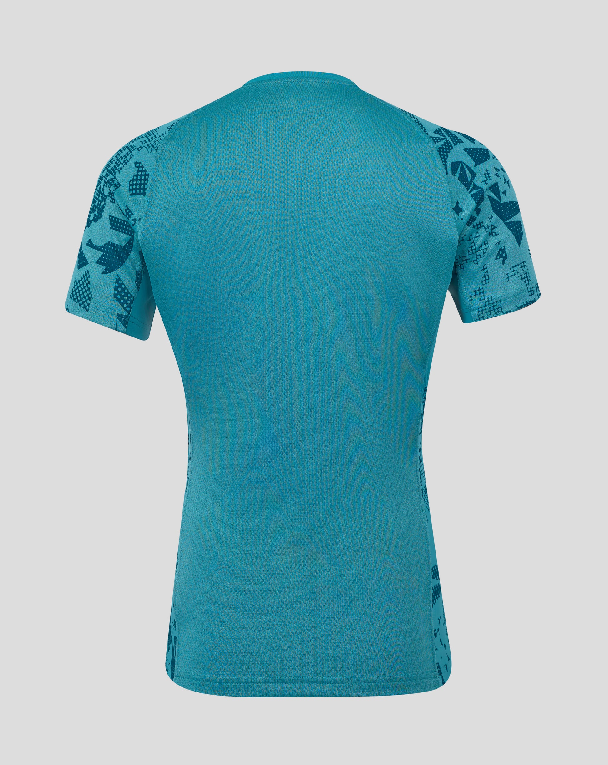 Back view of teal England Rugby men's contact short sleeve jersey with patterned sleeves.