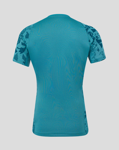 Back view of teal England Rugby men's contact short sleeve jersey with patterned sleeves.