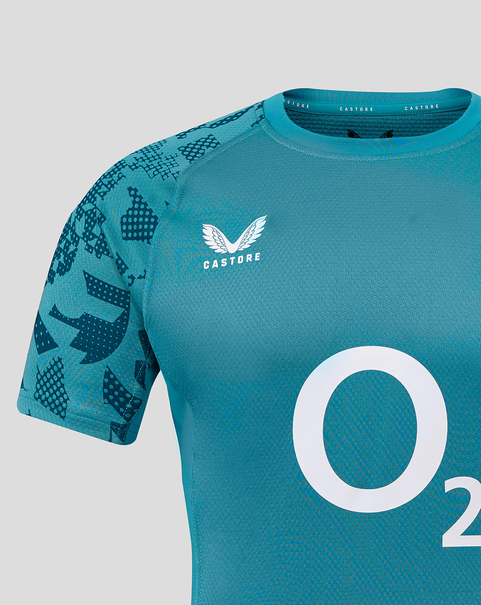 England Rugby men's teal short sleeve jersey with Castore logo and oversized O2 sponsor on front