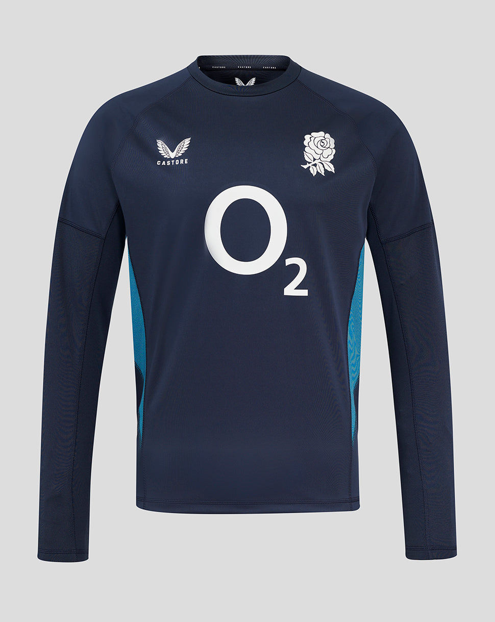 Front view of navy England Rugby drill top with rose crest left chest O2 center and Castore logo right chest.