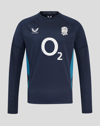 Front view of navy England Rugby drill top with rose crest left chest O2 center and Castore logo right chest.
