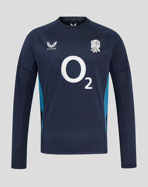 Front view of navy England Rugby drill top with rose crest left chest O2 center and Castore logo right chest.