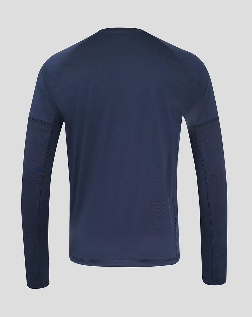 Back view of navy England Rugby drill top with panelled sleeves and clean silhouette.