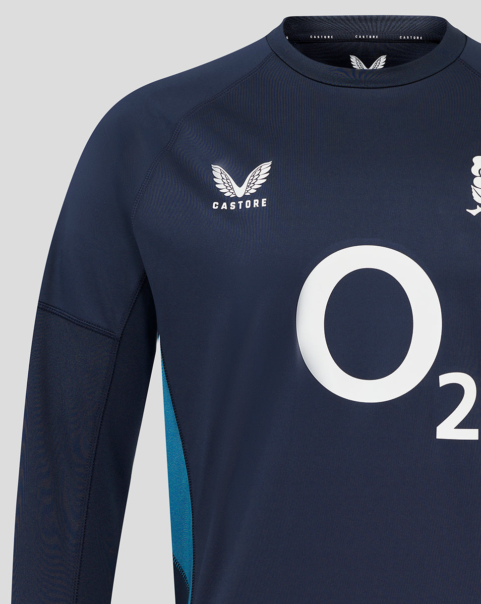 Front view of navy England Rugby drill top with O2 logo and rose crest on chest