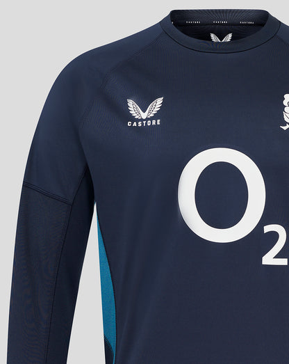 Front view of navy England Rugby drill top with O2 logo and rose crest on chest