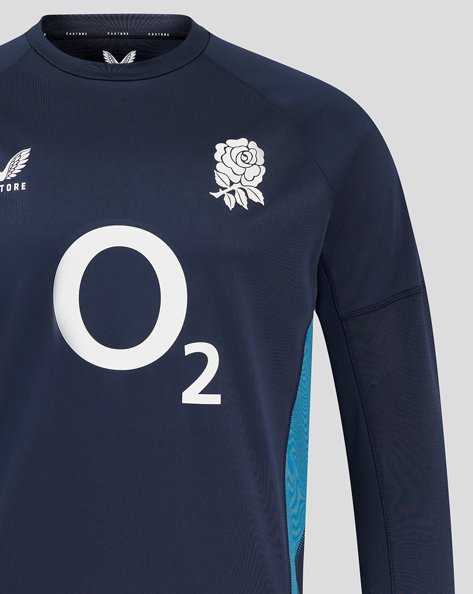 Upper chest view of navy drill top with large O2 logo and rose crest