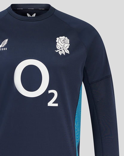 Upper chest view of navy drill top with large O2 logo and rose crest