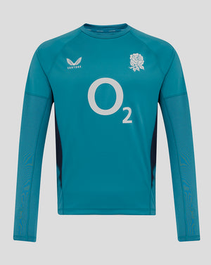 Storm blue England Rugby training top long sleeve with rose crest left chest and O2 logo on front
