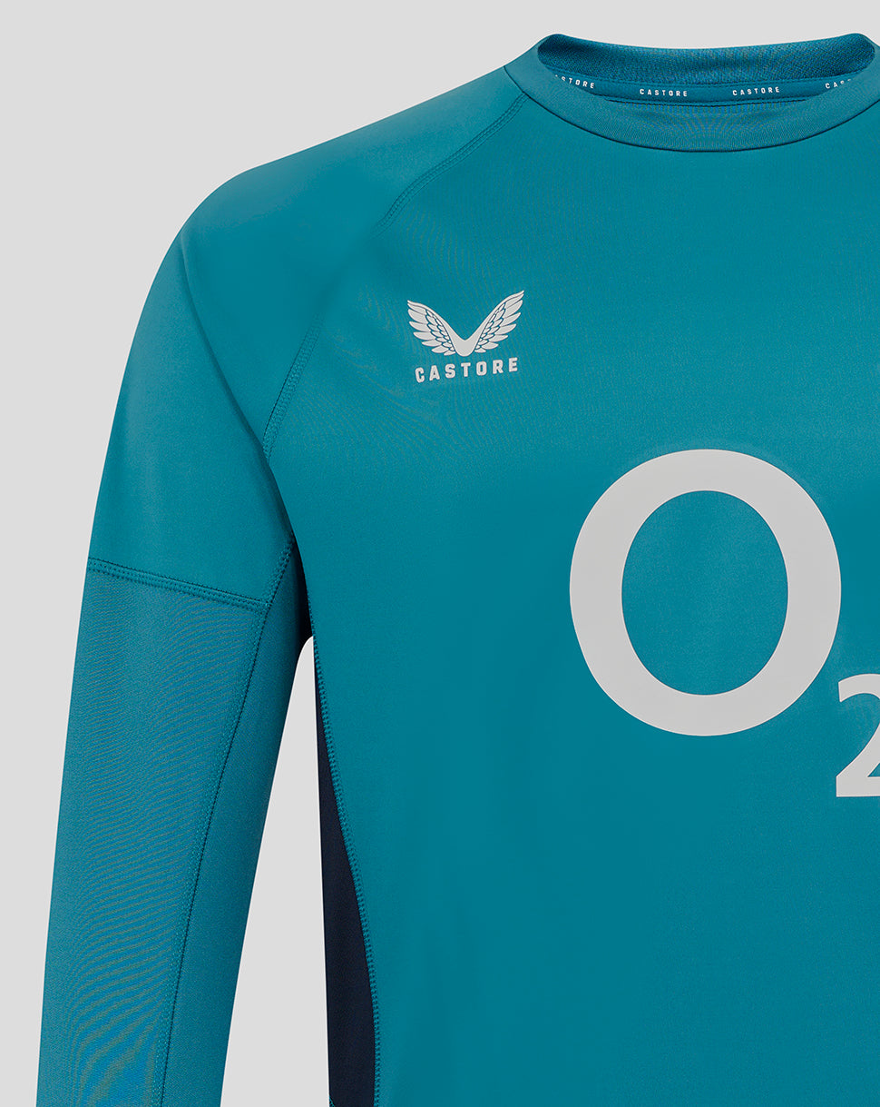 Front view of Storm Blue England Rugby drill top showing Castore logo and large O2 graphic
