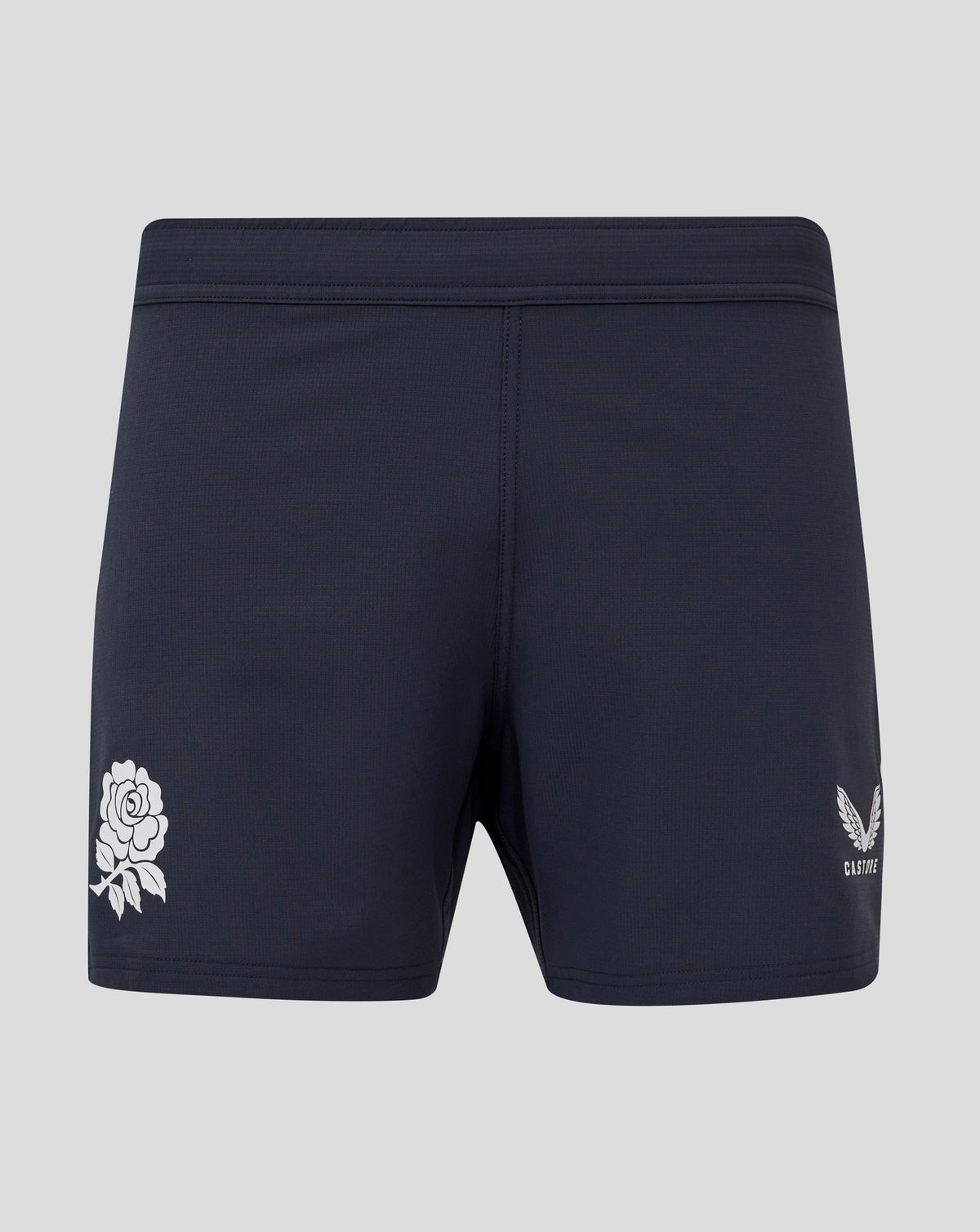 England Rugby men's navy contact shorts with a white rose graphic on the left leg and Castore branding on the right.