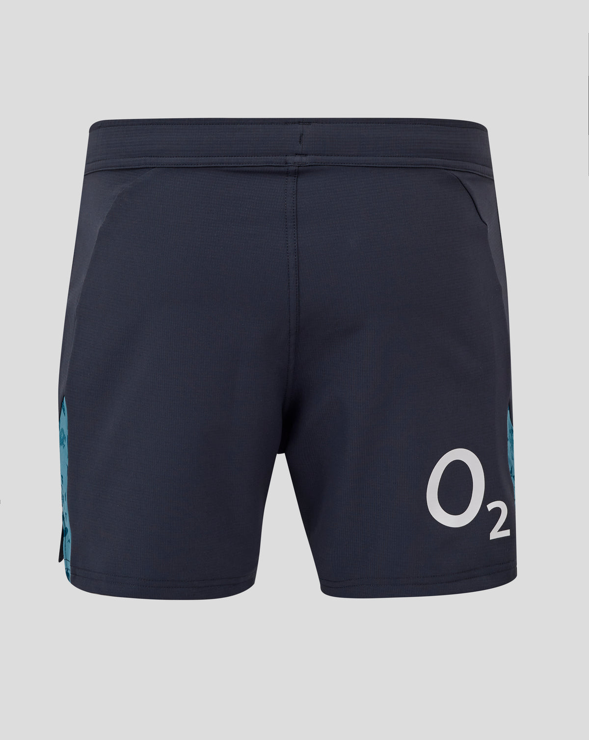 Back view of navy England Rugby Men's Contact Shorts with waistband seam and a partial O2 logo on the leg
