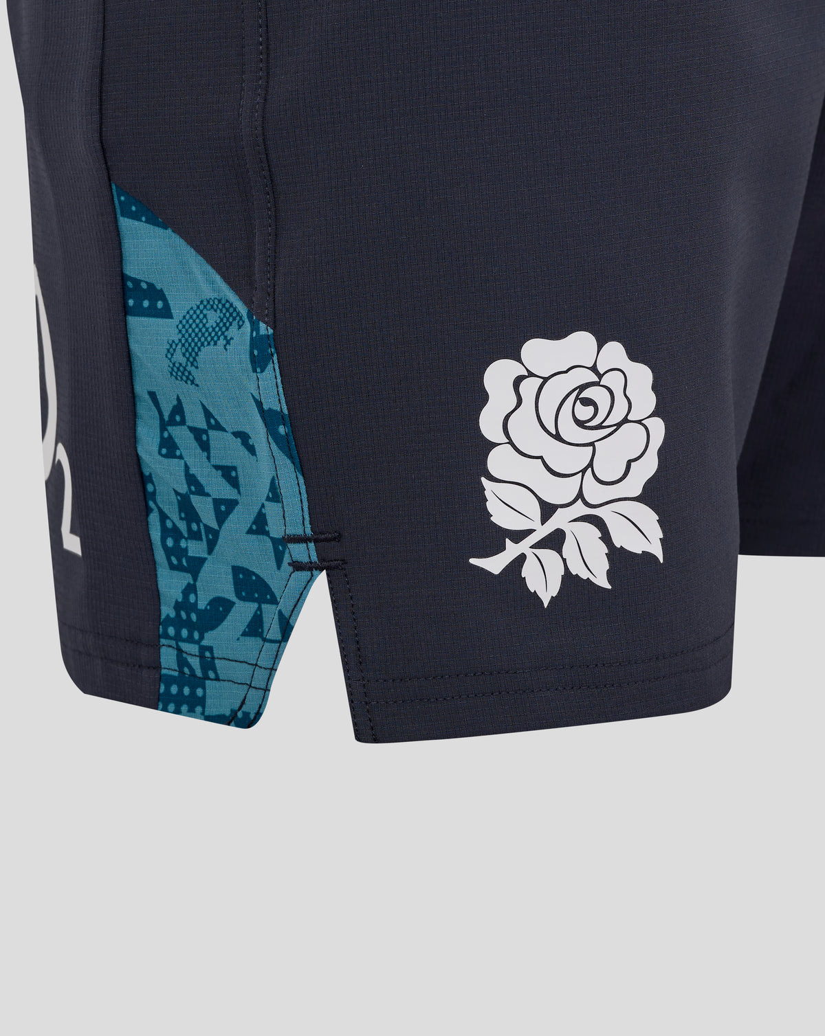 England Rugby men's contact shorts in navy with a teal patterned side panel and white rose emblem