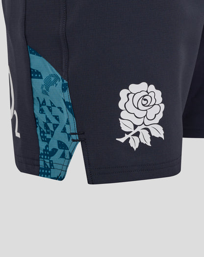 England Rugby men's contact shorts in navy with a teal patterned side panel and white rose emblem