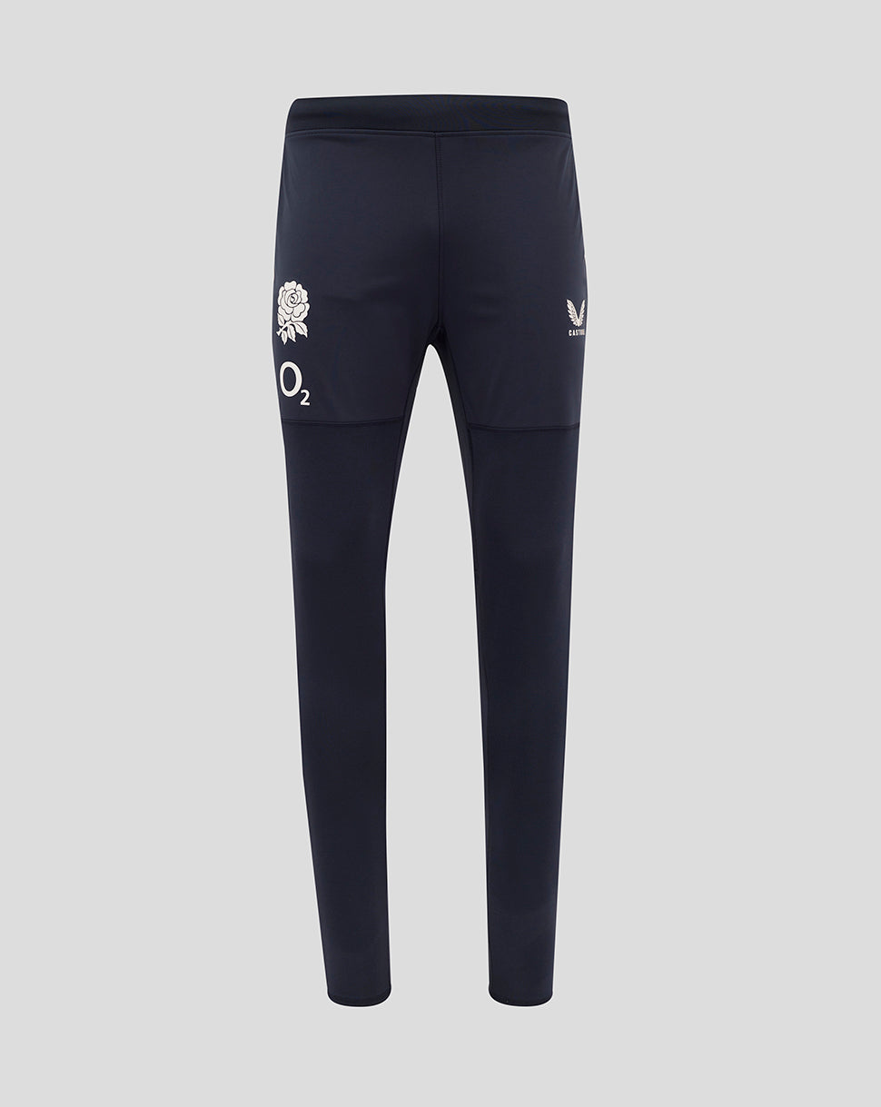 Navy England Rugby drill pants displayed with rose crest O2 logo and Castore logo on the thigh area
