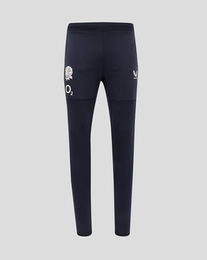Navy England Rugby drill pants displayed with rose crest O2 logo and Castore logo on the thigh area