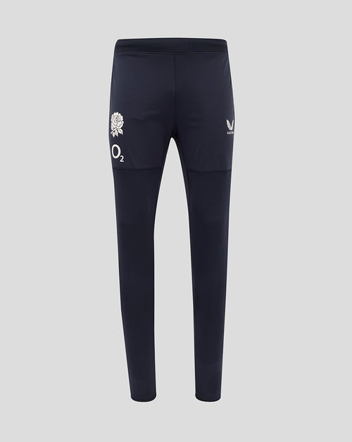 Navy England Rugby drill pants displayed with rose crest O2 logo and Castore logo on the thigh area