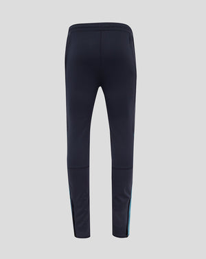 Rear view of navy England Rugby drill pants with elastic waistband and leg panel stitching