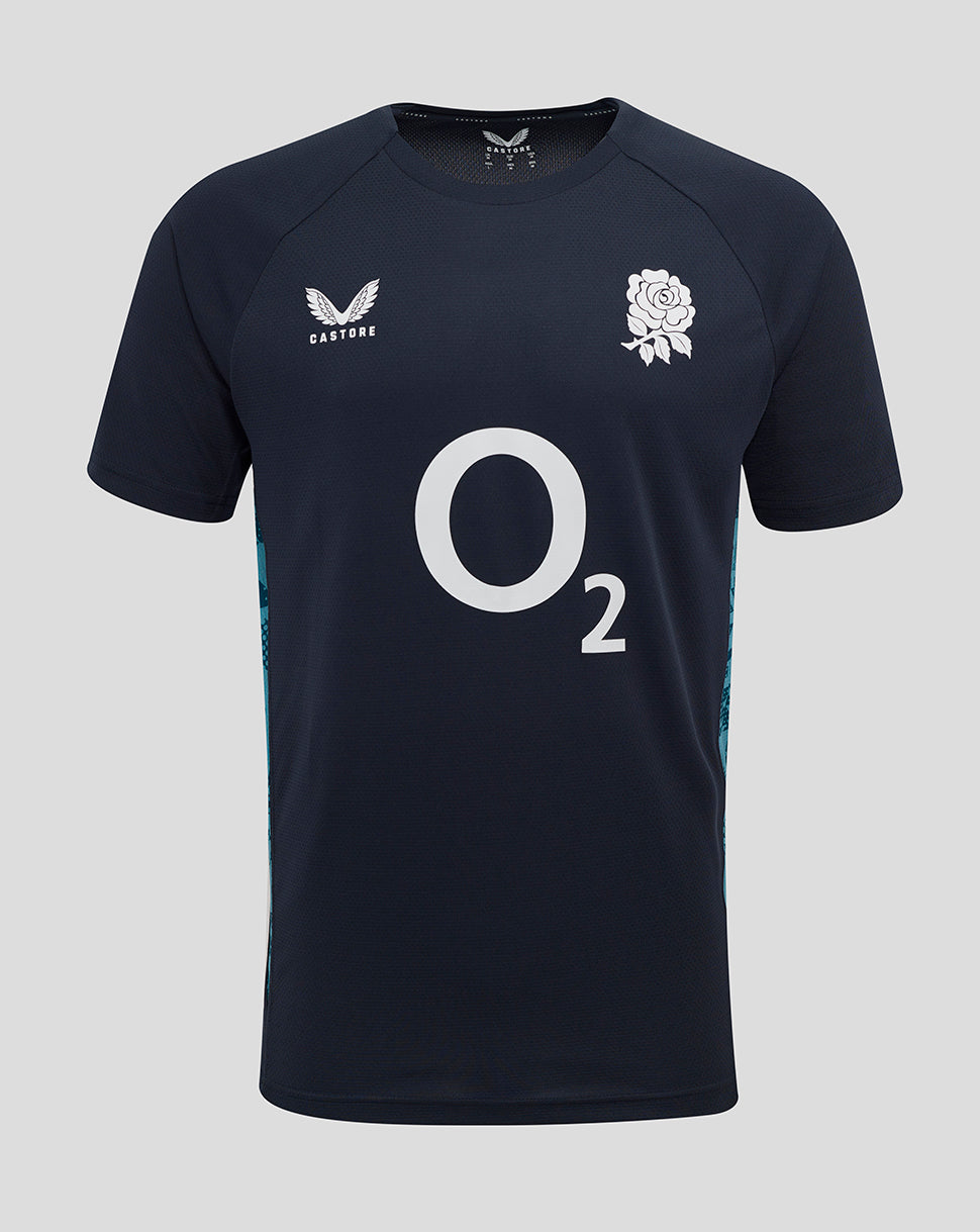 Front view of navy England Rugby performance short sleeve T-shirt with O2 logo center rose crest left chest and Castore logo right chest