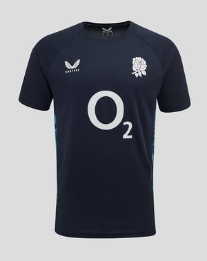 Front view of navy England Rugby performance short sleeve T-shirt with O2 logo center rose crest left chest and Castore logo right chest