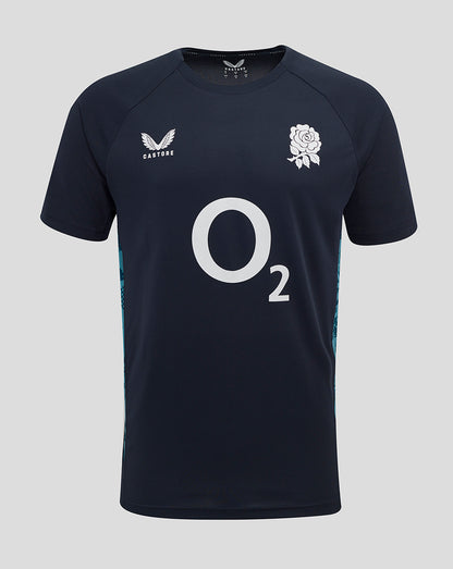 Front view of navy England Rugby performance short sleeve T-shirt with O2 logo center rose crest left chest and Castore logo right chest